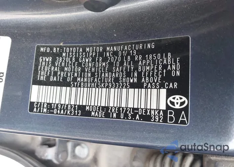 2019 Toyota Corolla Le from USA, damaged, VIN 5YFBURHE5KP933225